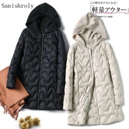 Coats Sanishroly Autumn Winter Women Light White Duck Down Coat Parka Ladies A Line Midi Long Knitted Hooded Patchwork Jacket Outwears