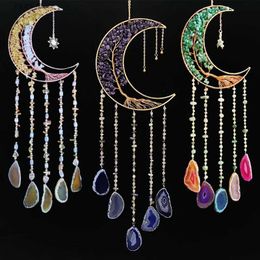 Novelty Items Agate Dream Catcher Natural 7 Chakra Color Gemstone Garden Living Room Decoration Wind Chime Wall Decor Moon Gem Dream Catcher T240309