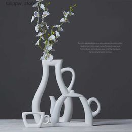 Vases Fashion Modern Style White Ceramic Tabletop Flower Wedding Decorative Vase 3 Sizes Home Decoration Accessories Teapot vase L240309