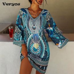 Dress Plus size Beach Cover up 2022 Robe Plage Sarong Swimsuit cover up Fashion Print Mujer Beachwear Bathing suit Women Maxi Dress