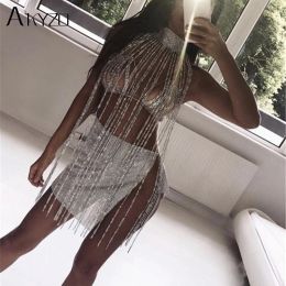 T-Shirt Akyzo 2023 Fashion Rhinestone Tassel Long Tank Tops Women Sexy Hollow Out Turtleneck Nightclub Party Show Carzy Top