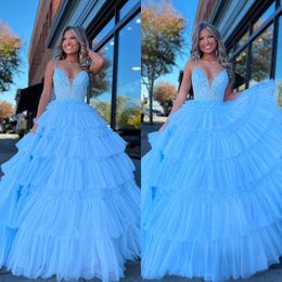 baby blue ball gown prom dress spaghetti formal evening dresses elegant tiered skirt party gowns for special occasions pageant quinceanera robe de soiree