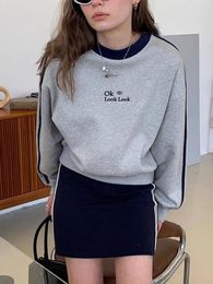 Women's Hoodies Zoki Harajuku Letter Grey Sweatshirt Women American Retro Simple Striped Tops Loose Long Sleeve Streetwear All Match