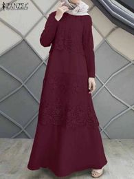 2023 ZANZEA Women Elegant Spring Long Maxi Dress Sleeve Patchwork Abaya Hijab Caftan Muslim Lace Crochet Sundress 6 240308