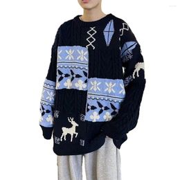 Men's Sweaters Plus Size Men Sweater Christmas Colorblock Elk Snowflake Printed Elastic Loose Pullover Knitted Thick