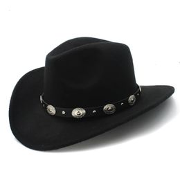 Vintage Wool Western Cowboy Hat For Womem Men Wide Brim Cowgirl Jazz Cap With Leather Toca Sombrero Cap 240228