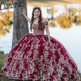 Dark Red Off The Shoulder Beading Quinceanera Dresses Ball Gown Gold Appliques Lace Corset Vestidos De 15 Anos