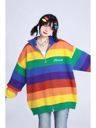 Hikigawa Spring Zipper Rainbow Striped Sweater Coat Contrast Colour Sweet Knitted Cardigan Chic Fashion Loose Grunge Jumpers 240228