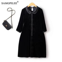 Dress Light Luxury Retro Style European Peter Pan Collar Drape Gold Velvet Soft Waxy Black Dress 2023 Autumn Winter Bottoming Dresses