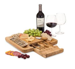 Bamboo Cheese Board Set With Cutlery In SlideOut Drawer Including 4 Stainless Steel Knife and Serving Utensils4121334