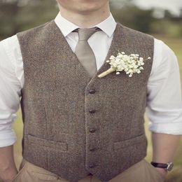 Brown tweed Vests Wool Herringbone British style custom Slim fit Groom Vest Vintage Wedding Mens Vest 02209x