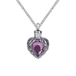 Urn Necklace Purple Birthstone Wing Heart Pendant Memorial Ash Keepsake Cremation Jewellery Stainless Steel With Gift Bag and Chain248q
