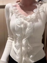 Women's Knits Lace Korean Fashion Cardigan Sweat Women Knit Long Sleeve Top Sweet Cute Shirt Knitwears Clothing 2024 Basic