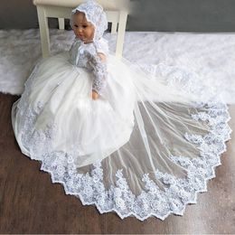 White Lace Ball Gown Flower Girls Dresses O Neck Long Sleeve with Beaded Kids Communion Dress Sweep Train Newborn Child Prom Gown