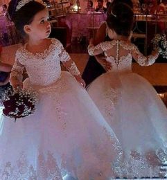 2020 Vintage Flower Girls Dresses Ivory Baby Infant Toddler Baptism Clothes With Long Sleeves Lace Tutu Ball Gowns Birthday Party 3420834