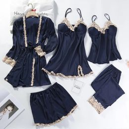 5 Pieces Pajamas Set Women Kimono Gown Satin Silk Sleepwear Casual Nightwear Intimate Lingerie With Lace Sexy Bathrobe Pyjamas 240226