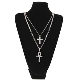 Egyptian Ankh With Cross Pendant Necklace Set Rhinestone Crystal Key To Life Egypt Cross Necklaces Hip Hop Jewelry Set326H