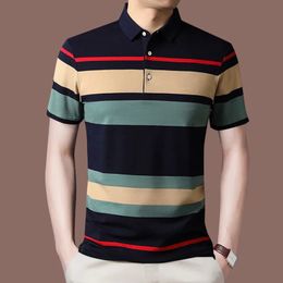 Fashion Men Summer Striped Polo Shirts Short Sleeve Button Knit Lapel Pullover Business Casual Mens Loose Clothing Top 240305