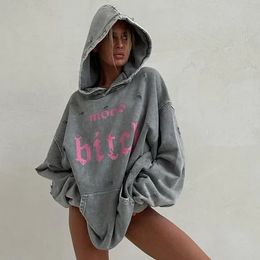 2024 Spring Women Hoodie Grey Hooded Long Sleeve Pockets Loose Sweatshirts Female Summer Streetwear Trendy Casual Ladies Clothes 240223