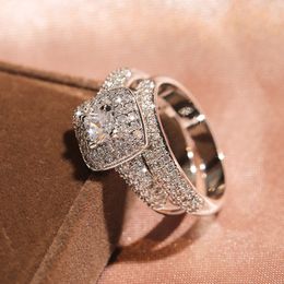 Full Diamond Micro-Inlaid Couple Princess Square Diamond Ring Set European Luxury Engagement Ring for Women