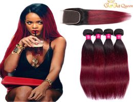 Two Tone Burgundy Human Hair Bundles Virgin Peruvian Malaysian Straight Ombre Weaves With Lace Closure 1B 99j Wine Red Coloured Ext6555770