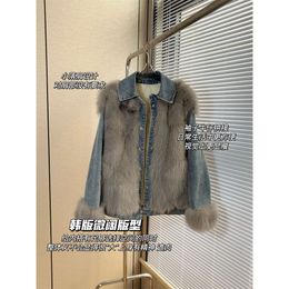 23 Year New Korean Designer Denim Patchwork Fox Down Inner Fur Jacket For Women 768433