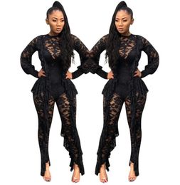 Long Sleeve Sexy Sheer Black Lace Jumpsuit Bodysuit Women See Through Ruffle Party Club Wear One Piece Bodycon Jumpsuit Rompers T55435094