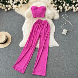 Capris Chic Two Pieces Sets Sexy Strapless Tube Crop Top Tank Top and Elastic High Waist Wide Leg Pants Women Casual Summer Sets Y2k