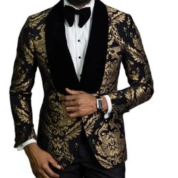 Floral Jacquard Blazer for Men Prom African Fashion Slim Fit with Velvet Shawl Lapel Male Suit Jacket for Wedding Groom Tuxedo 240304