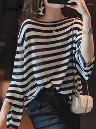 Women's T Shirts 2024 Striped Flat Collar T-shirt Women Classic Long Sleeve Ice-cream Personality Street Korean Casual All-match Lady Top