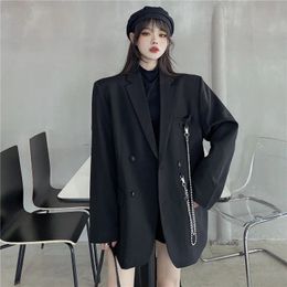 Women Fashion Double Breasted Loose Blazer Korean High Street Long Sleeve Suit Jacket Black Notched Collar Ladies Outerwear 240228