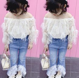 Toddler Kids Clothes Set Baby Girl Lace Off Shoulder T Shirt Tops Destroyed Ripped Jeans Flare Pants Children Outfits 2Pcs 2301524