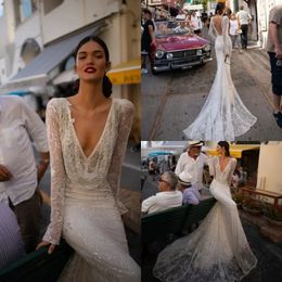 Stunningbride 2024 White Sexy Wedding Dress V Neck Sequined Lace Mermaid Bridal Gowns Long Sleeves Backless Beach Wedding Dress Custom Made YD