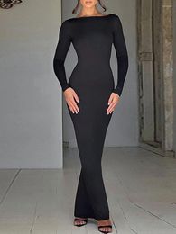 Casual Dresses Women S Solid Color Boat Neck Long Sleeve Maxi Dress Fall Spring Backless Bodycon Elegant Party Gown