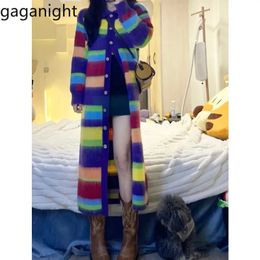 Gaganight Women Rainbow Stripe Colour Contrast Mid Length Knitted Cardigan Womens Autumn Winter Vintage Mohair Sweater Coat 240228