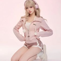Winter Japanese Kawaii Two Piece Set Women Pink Sweet Shorts Suit Female Korean Fashion Hooded CoatCasual Tracksuit 240309