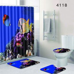 180X180cm Shower Curtain Bath Mat Set Ocean Dolphin Deep Sea Bathroom Waterproof with 12 Hooks Toilet Cover Bath Mat Set238e