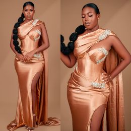 2024 Plus Size Aso Ebi Prom Dresses for Black Women Mermaid Evening Gowns Elegant High Side Split Beaded Formal Dress Birthday Gowns Second Reception Gown Gala AM494