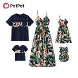 Dresses Patpat Family Matching Outfits Cotton Shortsleeve Spliced Tshirts and Allover Floral Print Belted Cami Dresses Clothes Sets