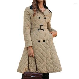 Women's Down Elegant Turn Collar Double Breasted A-line Long Parkas Argyle Pattern Ladies Tunics Jacket Cotton Padded Quilted Coats