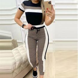 Capris Colorblock Plaid Striped Short Sleeve Tape Top & Drawstring Pants Set Tracksuit Basic Women Jogging Two Piece Set Ensemble Femme