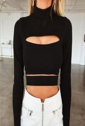 Sexy Women Long Sleeve Cut Out T Shirts Crop Tops Clubwear Fashion Ladies Summer Cotton Black Hollow Out Holes Tshirt 7286379