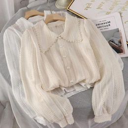 Women's Blouses Apricot Doll Collar Long-sleeved Cardigan Blouse Female 2024 Spring And Summer Korean Design Loose Temperament Casual Shirt