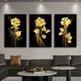 Gemälde 3 Stück goldene Rosen schwarze Leinwand Ölgemälde nordisches modernes Wohnzimmer Wandkunst Dekoration Bilder Wandkunst Werke Posterdruck T240309