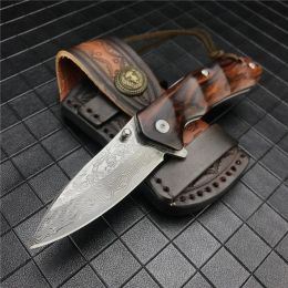 Tactical Assisted Opening Folding Knife Wooden Handle Damascus Steel Blade Outdoor Tool Survival with Leather Sheath