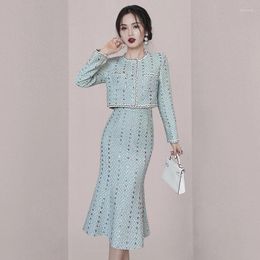 Work Dresses High-quality Rose Tweed Skirt Suit Women Elegant Fall And Winter Jacket Fishtail Wrap Hip Pretty Luxury 2-piece Set
