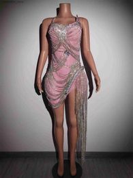 Urban Sexy Dresses Rhinestones Crystals Fringes Dress Woman Birthday Celebrate Prom Dresses Pink Party Come Sexy Dancer Stage Outfits Luoli L240309