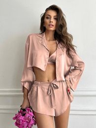Marthaqiqi Sexy Women Pyjama Set Tank Tops Sleepwear Long Sleeve Nightwear Turn-Down Collar Nightgowns Shorts Femme Nightie Suit 240226