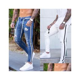 Jeans masculinos moda homens jeans skinny motociclista destruído slim fit rasgado buracos calças jeans lado listrado lápis calças hip hop azul gota dhejx