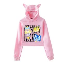 Sweatshirts Itsfunneh Krew District Not So Sweet Cat Ear Hoodie Women Long Sleeve Cropped Sweatshirts Female Casual Streetwear Crop Tops